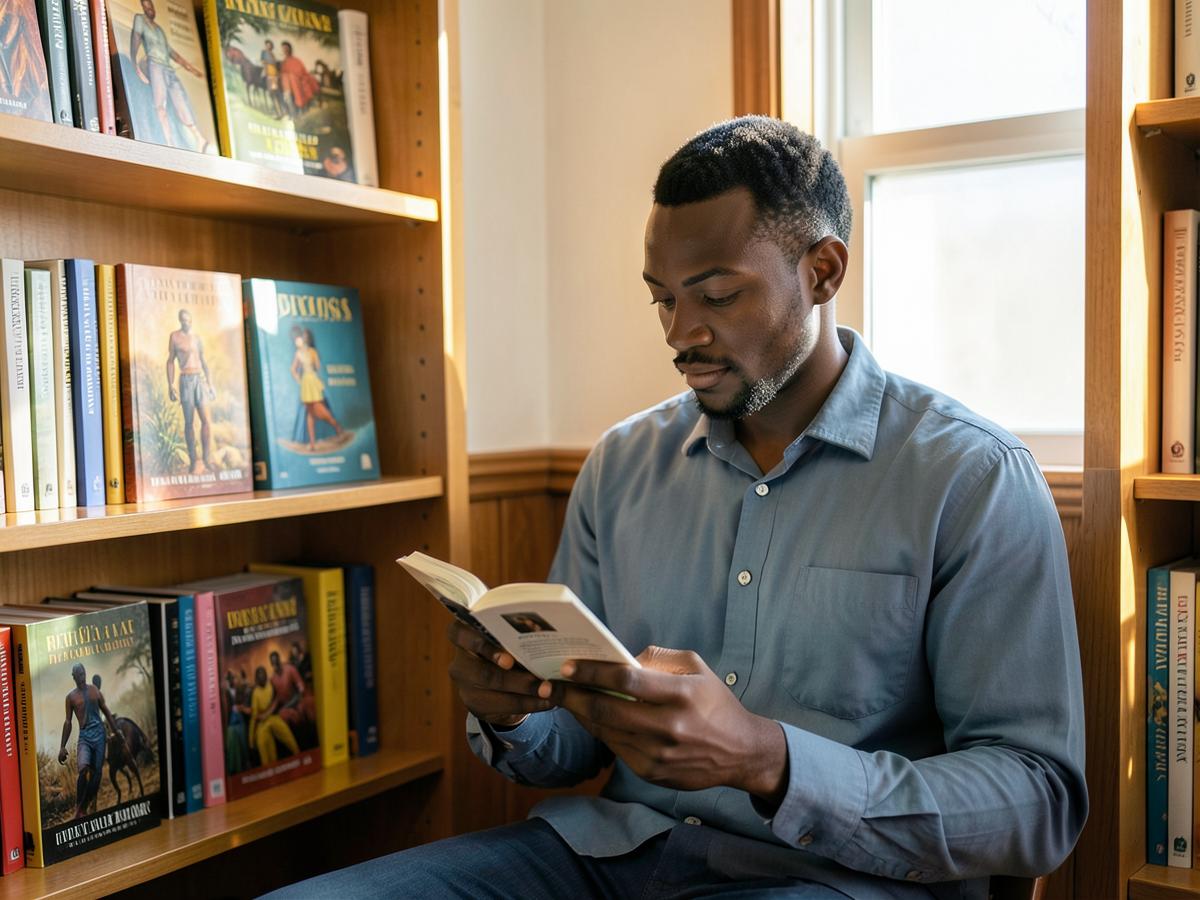 Lecteur parcourant des livres africains dans une bibliothèque