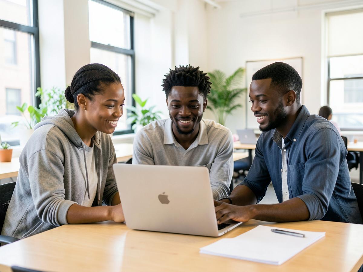 Équipe africaine travaillant ensemble autour d'un ordinateur